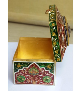 24Kt Gold Ancient Box With Enamel Work Studded With Natural Ruby & Diamond with Kundan Work